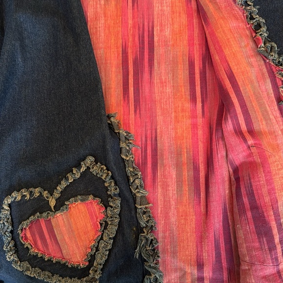 Unique Blue Denim Fringe Pink Heart Pocket Open Jacket OS - Picture 6 of 7